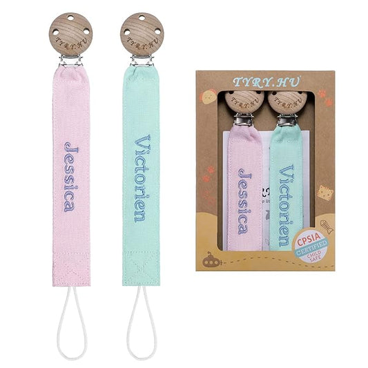 TYRY.HU Personalized Pacifier Clip with Name, Embroidery Ribbon Pacifier Holder for Baby Girls and Boys, Neutral Pacifier Leash Universally Fit All Pacifiers, 2 Pack Baby Gift(Pink, Green)