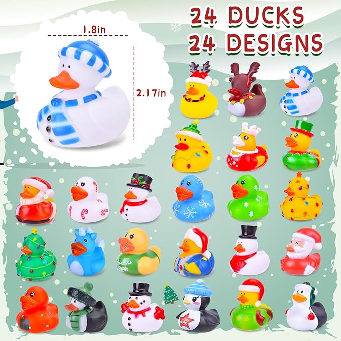 24 Pack Christmas Rubber Ducks, 2 Inch Bulk Car Ducking Set Small Xmas Bath Toys for Kids Toddlers Boys Girls Cute Duckies Party Favors Stocking Stuffers Classroom Prizes Pool Table Decor