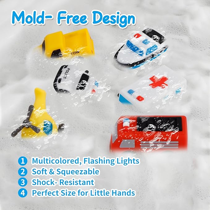 Light Up Bath Toy -Fire Engine, 100% Food Grade Silicone Bathtub Toys, Shake-Activated Light Up Airplane Toy Flash & Lights Color Change, Soft & Squeezable for Baby&Toddler (1 Pack)