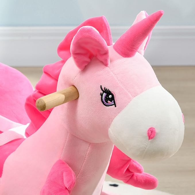 Qaba Baby Rocking Horse, Ride on Unicorn with 32 Songs, Toddler Rocker Toy with Wooden Base Seat Safety Belt for 1.5-3 Year Old, Pink