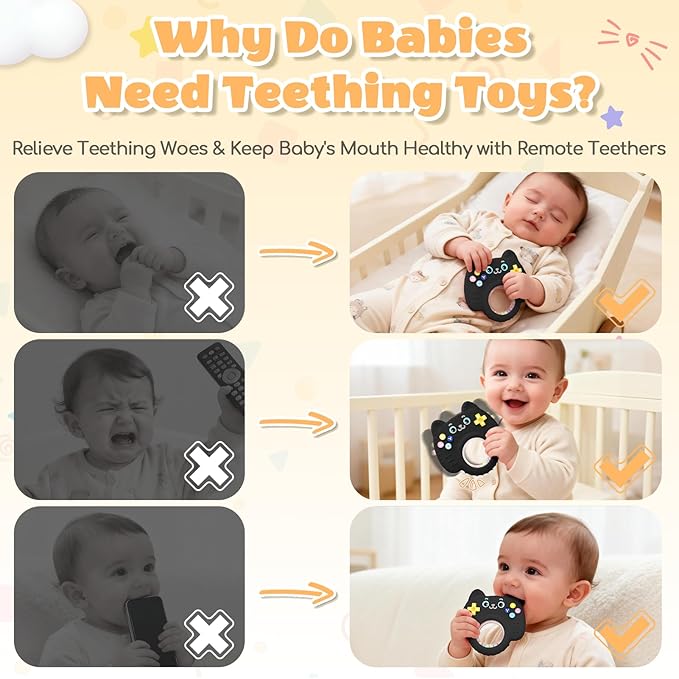 Silicone Baby Teething Toys for 0-6-12 Months, Kitten Remote Rattle Teether for Infant Gum Relief, No BPA Chew Toy for Infant 0-3-6-9-12, Easy-Grip Ring Gift for Travel & Bath