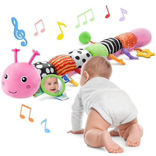 AWOTOY Baby Toys 6-12 Months Music Caterpillar Infant Toys Stuffed Animals 0-3-6 Months Teething Tummy Time Sensory Toys with Mirror Rattle&Pull String for Boys Girls Birthday Gifts|Pink,Knot Limb