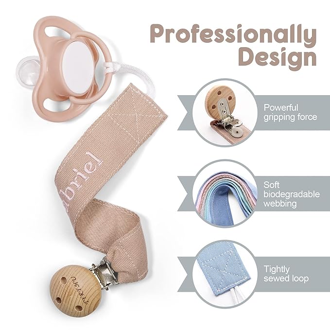 TYRY.HU Personalized Pacifier Clip with Name, Embroidery Pacifier Holder for Baby Girls and Boys, Neutral Binky Clips Universally Fit All Pacifiers, Baby Gift, 2 Pack(Grey,Khaki)