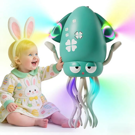 SANJOIN Dancing Octopus Baby Toy,Easter Basket Stuffers Gitfs Rechargeable Tummy Time Toys Wiggling Crawling Squid Toy for 3 4 5 6 7 8 9 10 Kids Boy Girl,Electric Musical Toys Birthday Gifts,Green