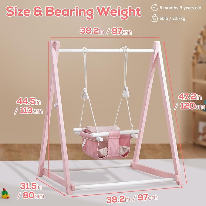 FUNLIO Montessori Wooden Swing Set for Toddlers 6-36 Months, Foldable Indoor Baby Swing Set of Durable Pine, Portable with 4 Sandbags &Extension Straps, Toddler Swing for Indoor/Outdoor-Pink