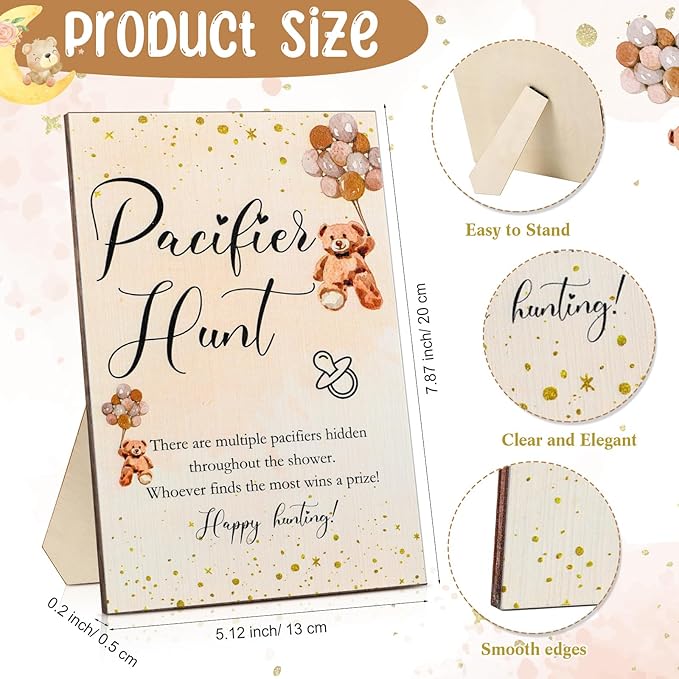 Roowest 51 Pcs Pacifier Hunt BabyShower Games Include Wooden Hunt Sign and 50 Acrylic Mini Plastic Pacifiers for BabyShower Game Decoration Gift Sets Gender Reveal Party(Bear,Brown)