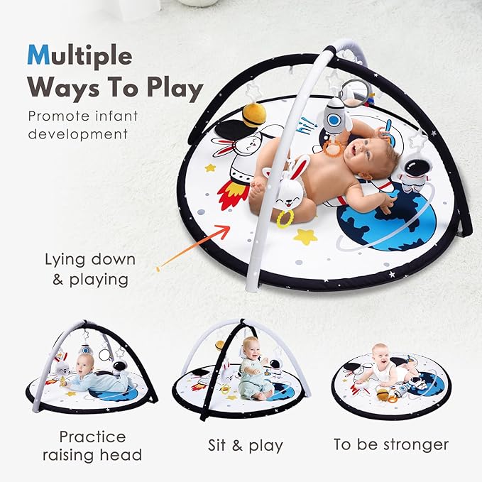 Lovvie & Joy Baby Play Activity Gym Tummy Time Mat for Newborn Infant,Baby Gyms & Playmats for Babies 0-6 9 12 Months with 5 Toys for Early Sensory Exploration and Motor Skill Development Space