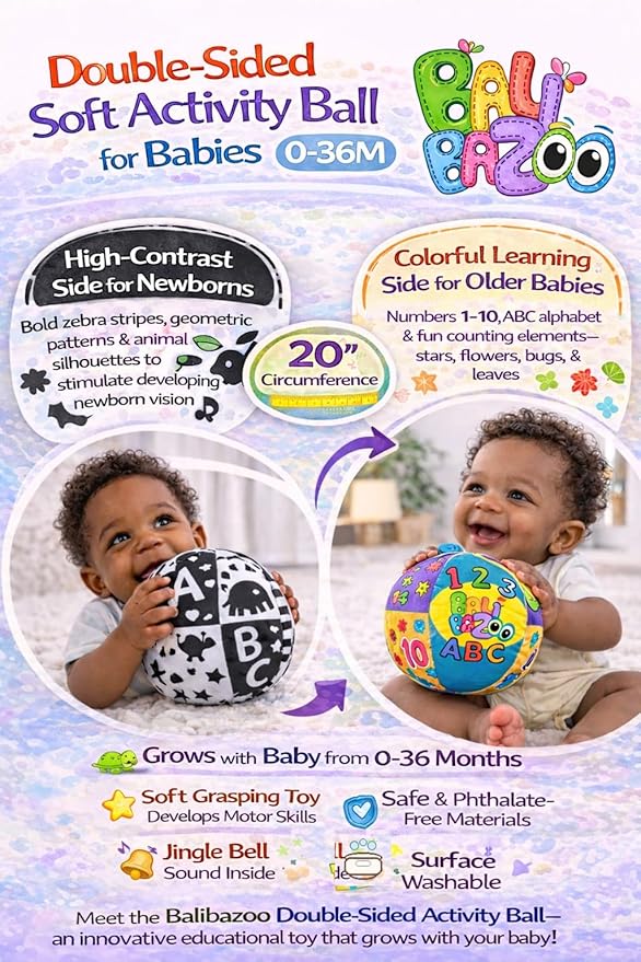 Balibazoo Double-Sided Soft Activity Ball for Babies 0-36M - High-Contrast Black & White + Colorful Numbers & ABC | Jingle Bell Sound | Educational Sensory Learning Toy | Grows with Baby | Infant Gift