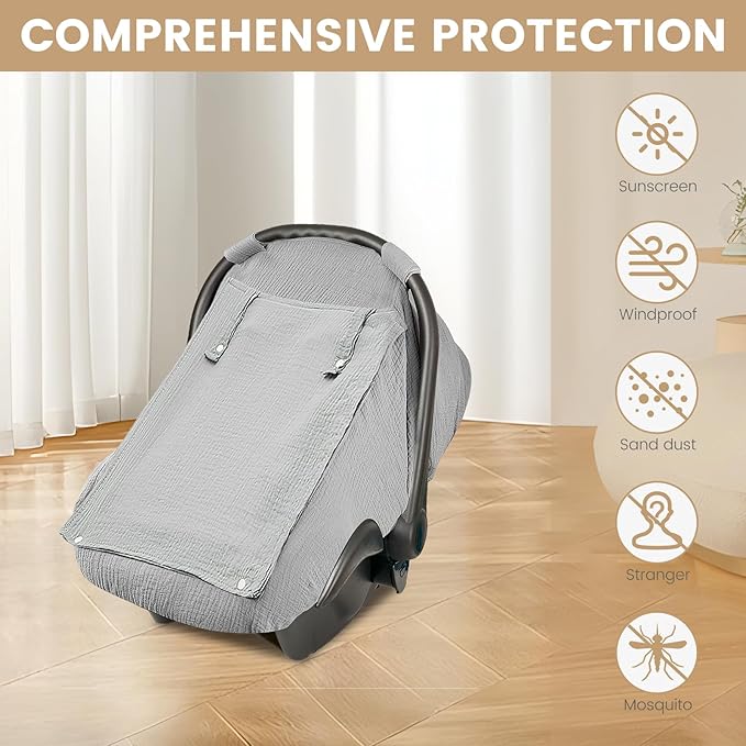 Baby Car Seat Cover, Infant Car Seat Cover for Boys Girls, Extra Large Mesh Window, Breathable Muslin Cotton, Lightweight Infant Windproof Carrier Canopy for Sun, Bug and Comfort Protection