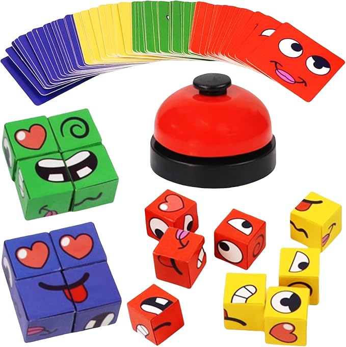 Face Changing Magic Cubes Game - Expression Matching Block Puzzle with Bell, Educational Building Toy for Kids & Adults, Fun Family Board Game