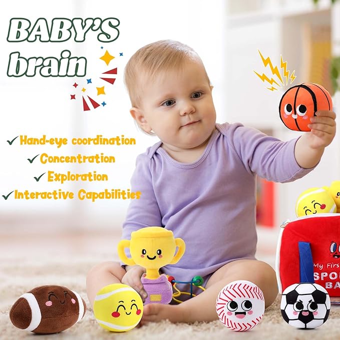 HyDren 7 Pcs My First Sports Bag Plush Toys Playset, Bulit-in Bell Sports Balls and Trophy for Kids Throwing Toys Gift for Boys Girls Early Education