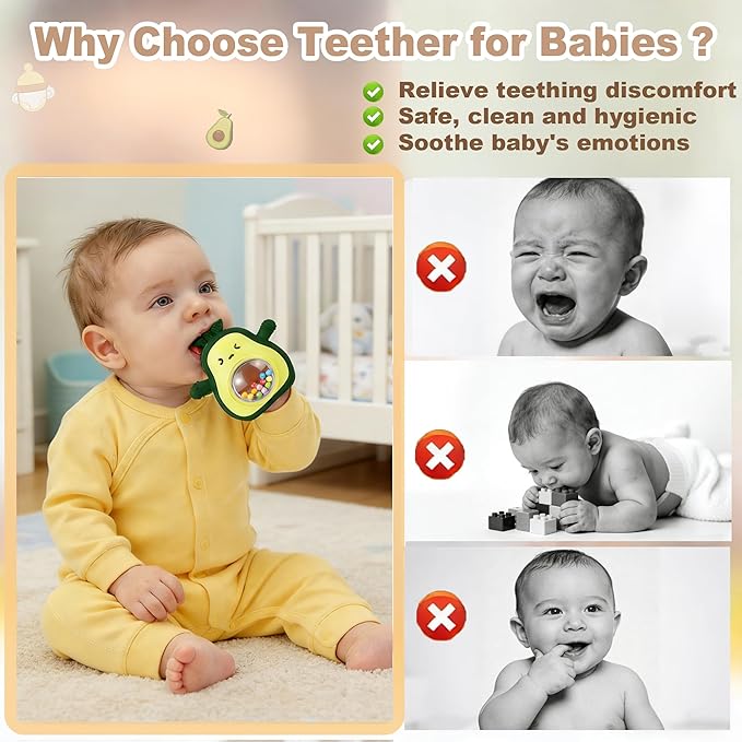 HAILI XMGQ Baby Teething Toys for 3-6 6-12 Months, Avocado Teething Mitten with Rattle, Food Grade Silicone Wrist Hand Teether for Teething Relief Newborn Chew Toys