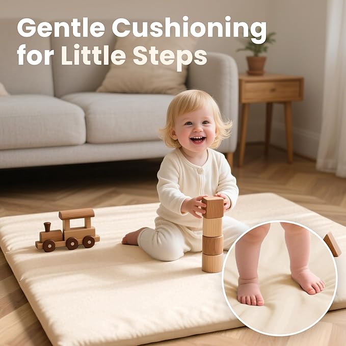 Huloo Sleep Baby Play Mat 50x50 Inches,1.3" Thick Padded Waterproof Floor Cushion & Playpen Mat with Vegan Leather,Non-Slip & Non-Toxic Nursery Rug for Infants, Toddlers & Kids(Beige)