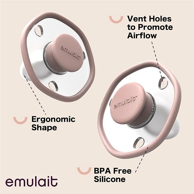 Emulait Baby Pacifier 2-Pack – Soft Silicone Newborn Pacifiers for Breastfed Babies, Orthodontic Shape, 0–6 Months, Rose