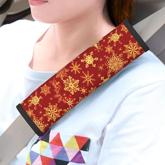 Auto Seat Belt Pads Christmas Golden Snowflake Sweat Absorption Shoulder Strap Cover, Pack of 2, for Womens Mens Adults