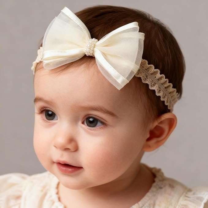 Baby Girls Hairbands bows Headband Stretchy Soft Flower Hairband Toddler Handmade Headbands with Pearls Elastic Headband for Infant Toddler Girl Hair Accessories (Pearl Bow, Elastic)