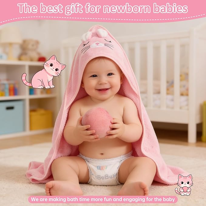 Hooded Baby Towel, Premium Soft Coral Fleece Baby Towel for Baby, Newborns, Toddlers, Infant- Ultra Absorbent, Natural Baby Stuff Towel with Hood for Boys and Girls (Pink Cat)