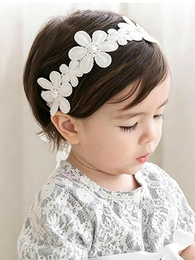 Baby Girls Flower Headbands Cute Kids Christening Headband Soft Lace Hairbands Floral Crown Newborn Infant Toddlers Hair Accessories for Birthday Party Photography(Big White Flower)