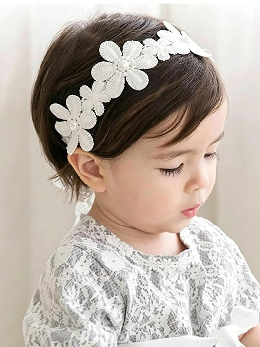 Baby Girls Flower Headbands Cute Kids Christening Headband Soft Lace Hairbands Floral Crown Newborn Infant Toddlers Hair Accessories for Birthday Party Photography(Big White Flower)