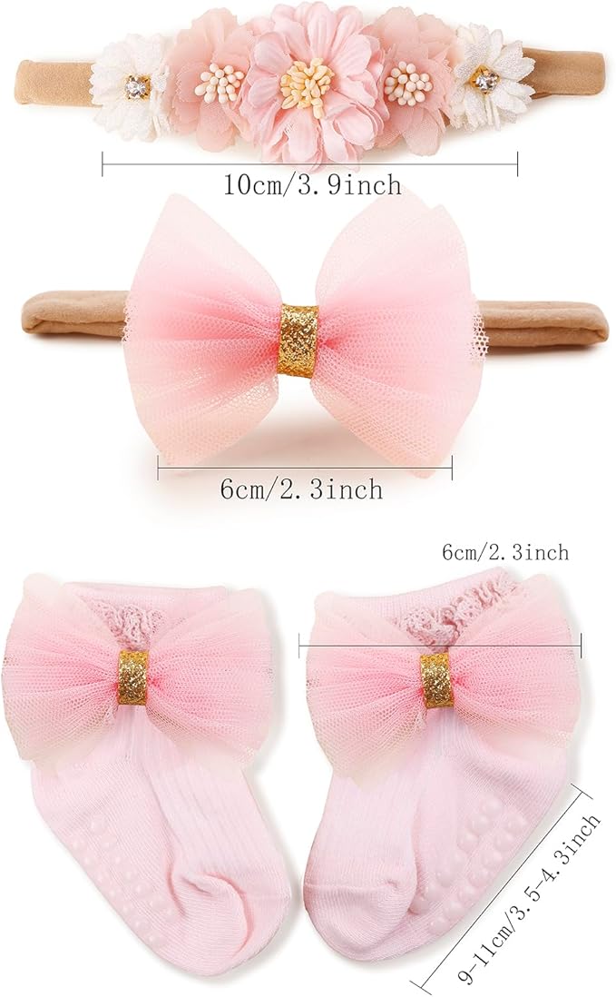 Baby Girls Headband & Socks Set, Cute Socks with Flower Hair Bows Baby Accessories Gifts for Newborn Infant Toddler