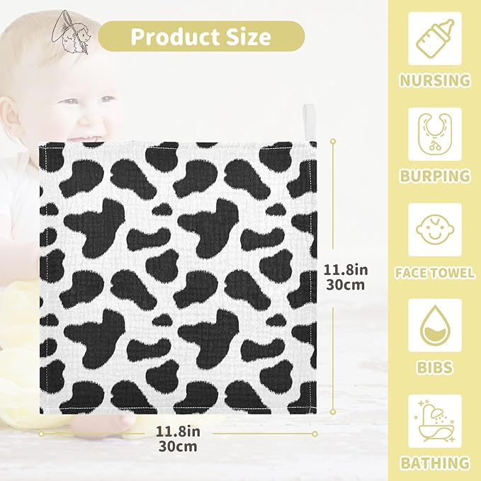Newborn Face Towel Cow Print Soft Cotton Baby Washcloths 11.8 x 11.8 Inch Infants Girls Boys Muslin Burp Cloths 5 Pack