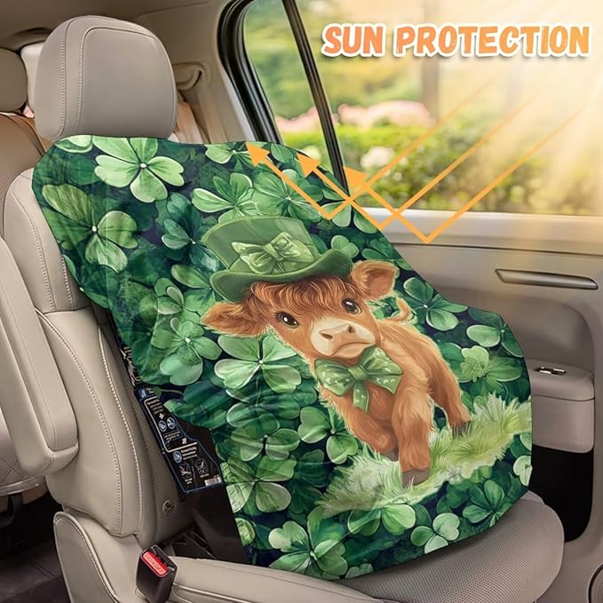 XYZCANDO St Patrick's Day Car Seat Cover Baby Travel Highland Cow Car Seat Covers for Babies Waterproof Baby Car Seating Sun Shade Cover Elastic Car Seat Sun Protection Gift for Birthday