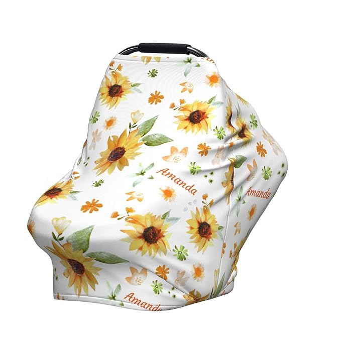 Personalized Baby Car Seat Cover for Boys Girls, Custom Sunflower Nursing Covers for Breastfeeding with Name, Infant Stroller Cover, Baby Carseat Canopy for Newborn, Multiuse Car Seat Canopies