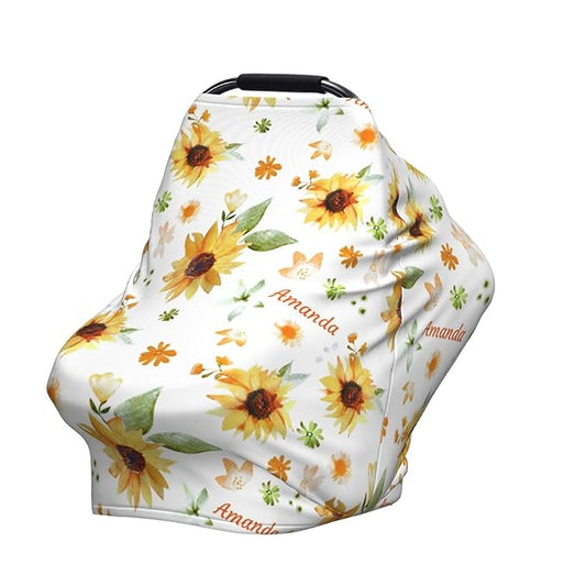 Personalized Baby Car Seat Cover for Boys Girls, Custom Sunflower Nursing Covers for Breastfeeding with Name, Infant Stroller Cover, Baby Carseat Canopy for Newborn, Multiuse Car Seat Canopies