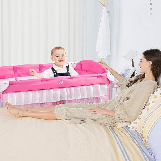 INFANS 4 in 1 Pack and Play, Portable Nursery Center Playard with Bassinet, Adjustable Canopy, Mattress, Diaper Changer, Carry Bag, Whirling Toys Music Box for Baby Boy Girl (Pink)