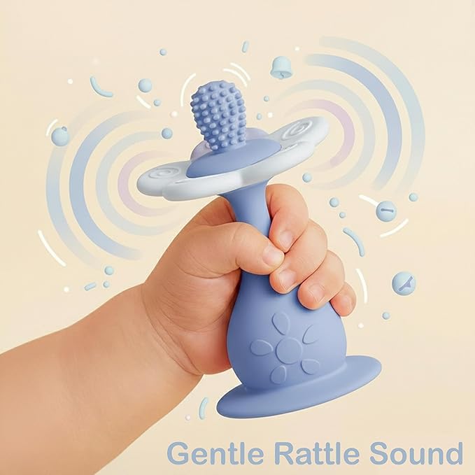 Baby Flower Teether Rattle Toy, Sensory Toy for Baby 0-24 Months, Teething Relief Chewing Toy for Infant, BPA Free Food Grade Silicone Teether (Blue)