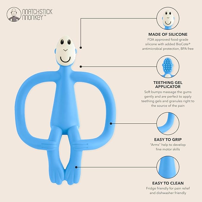 Matchstick Monkey Original Teether & Gel Applicator – Silicone Baby Teether, Easy-to-Grip, BPA-Free, Supports Self-Soothing & Early Brushing, 3 Months+, 4 Inches, Light Blue