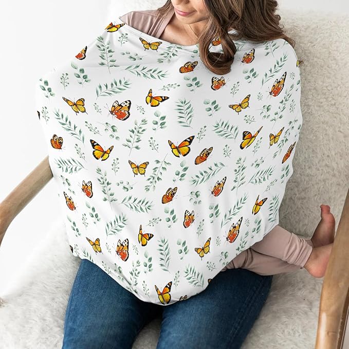 Butterflies Green Leaves Baby Car Seat Covers Spring Garden Stretchy 5-in-1 Cover Adjustable Car Canopy Cover Boho Greenery Breathable Nursing Cover-Up