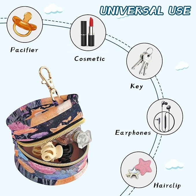 Pacifier Holder with Clip Pacifier Case for Diaper Bag Round Baby Pacifier Pouch Box Bag Portable Foxes Carnations Colorful