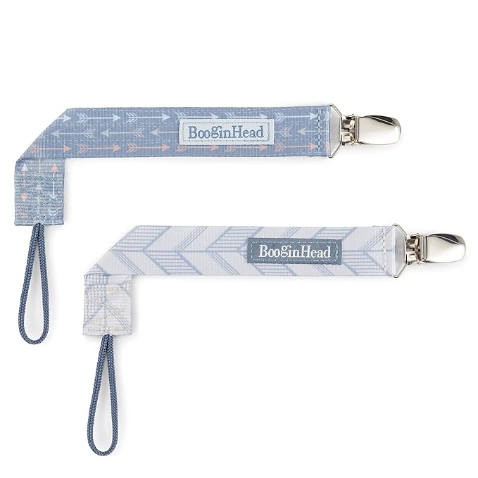 BooginHead by Infantino PaciGrip 2-Pack Pacifier Clips – Universal Fit, Gentle on Clothes, Keeps Pacifiers Clean & Close, Ages 0-36 Months, Blue Arrows