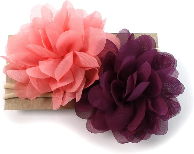 My Lello Baby Girl Rounded Petal Chiffon Flower Nylon Elastic Headbands Set 2pcs - Small - Light Sage/Hunter Green