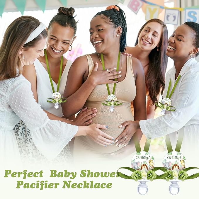 Quelay 36 Pcs Baby Shower Pacifier Necklace Cute Jungle Animal Acrylic Baby Pacifiers with Delicate Flowers for Baby Shower Decoration Table Distribution Party Favors