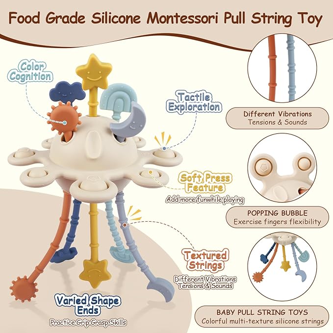 TYRY.HU Silicone Baby Sensory Montessori Toys,Silicone Pull String Fidget Toys for Babies 18 Months+, Travel Toy for Plane, Car, and Stroller, Early Educational Fine Motor Skills Toy for Toddlers