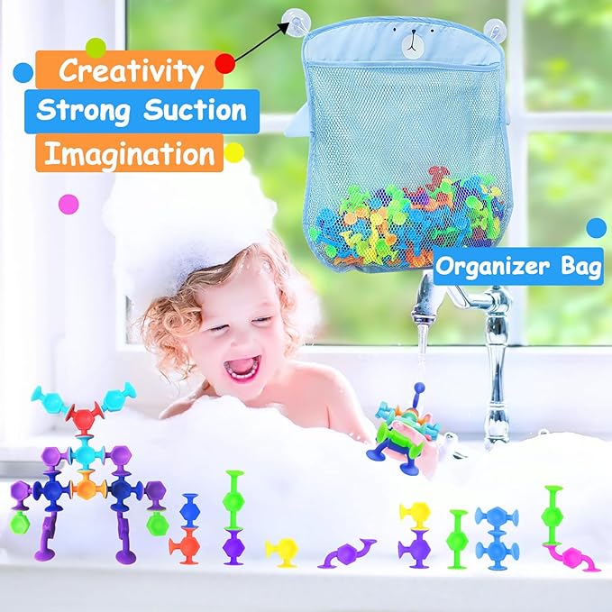 165Pcs Genius Suckers Suction Cup Toys, Bath Sensory Toys for Kids, Colorful Building Toys Party Favor Gift for 3 4 5 6 Year Old Boy Girl Toddler Travel Fidget Window Toy with Storage Organizer