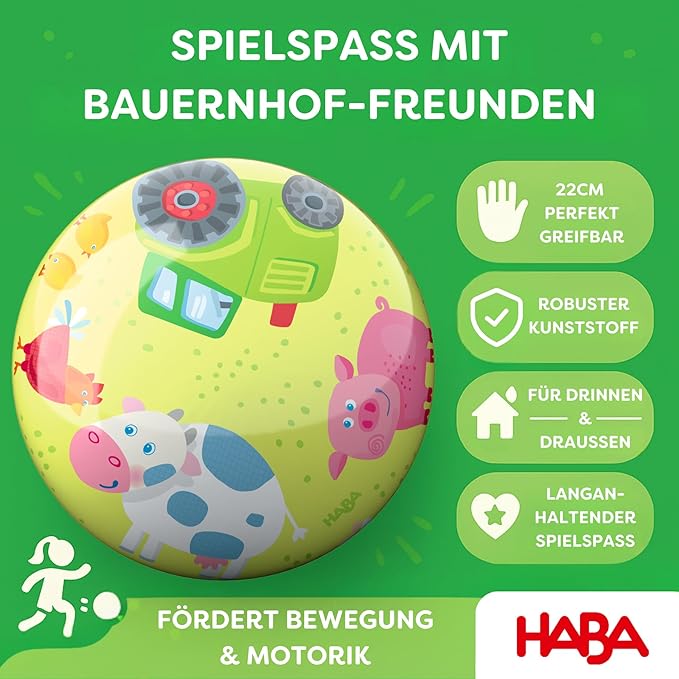 HABA Kids Farm Animals Ball - 22cm with Valve, Durable Plastic, Colourful Play Ball for Indoor & Outdoor Use 2 Years and Up - 2012745001