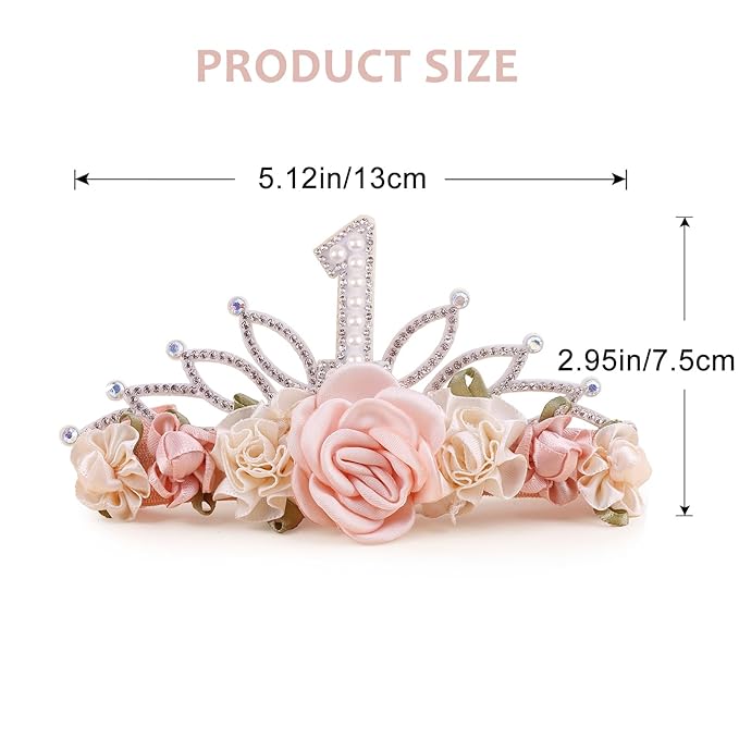 cherrboll Flower Headband Birthday Crown for Girl, Floral Nylon Hairband for 1-3 Years Old Toddler, First 1st Birthday Party Dress Photo Decoration Hair Accessory
