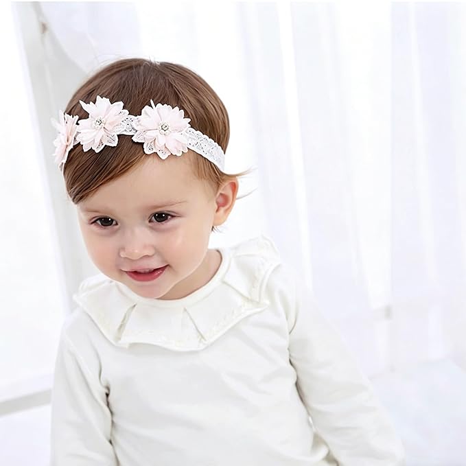 Baby Girls Hairband White Bow Lace Headbands Handmade Soft Stretchy Wide Head Band Newborn Hairbands with Bows Pearls Elastic Headband for Infant Hair Accessories（Three Pearl Flowers）
