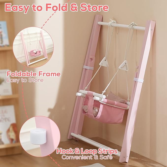 FUNLIO Montessori Wooden Swing Set for Toddlers 6-36 Months, Foldable Indoor Baby Swing Set of Durable Pine, Portable with 4 Sandbags &Extension Straps, Toddler Swing for Indoor/Outdoor-Pink