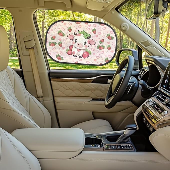 Bulopur 2 Pack Car Window Shades for Side Window UV Protection Cow Print Strawberry Sun Protection and Sun Shade Blocker Car Shades Back Windows Baby Auto Interior Accessories