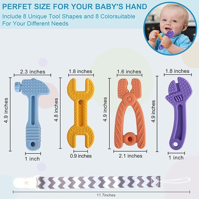 Yinghezu 4 Pack Chew Baby Teething Toys for 0-12 Months, Freezable BPA Free Silicone Baby Molar Teether Chew Toys, Hammer Wrench Spanner Pliers Shape Baby Girl's Boy Car Seat Toy