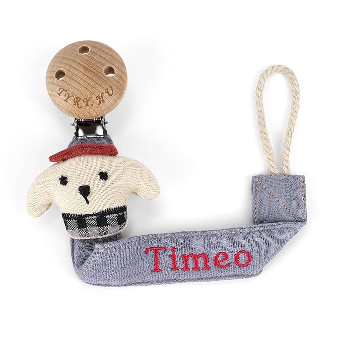 TYRY.HU Personalized Pacifier Clip with Name, Customize Pacifier Leash, Embroidery Ribbon Pacifier Holder for Girls and Boys, Universally Fit All Pacifiers, Cute Dog，Grayish Blue