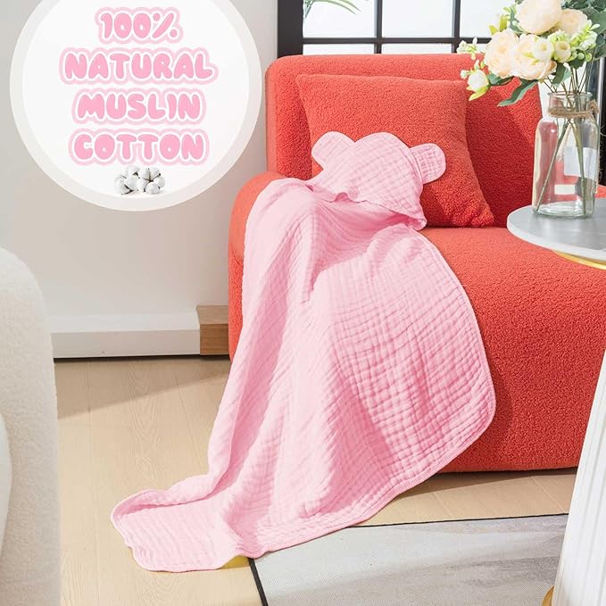 Preboun 6 Pcs Muslin Baby Hooded Towels Cotton Absorbent 6 Layers Cute Bath Toddler Towels for Newborn Kids Girl Infant Boys Toddler Shower Gift Supplies (Grey,Pink,White)