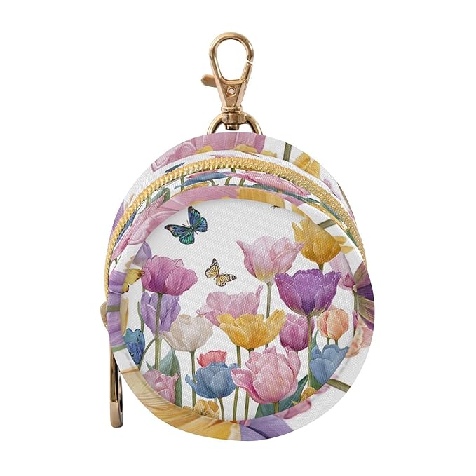 Pacifier Holder with Clip Pacifier Case for Diaper Bag Round Baby Pacifier Pouch Box Bag Portable Light Pink Tulips Butterfly