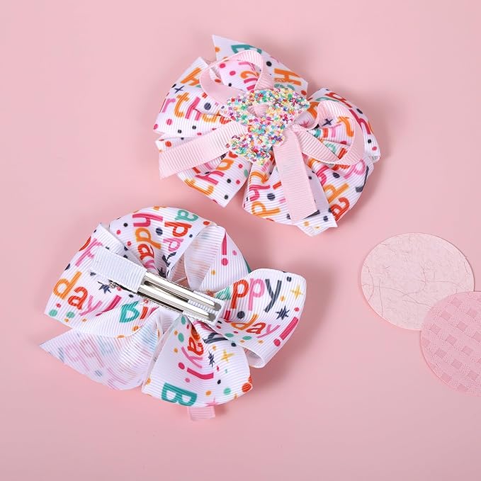 3.5in Glitter Happy Birthday Gift Hair Bows Alligator Clips for Girls 1-6 Years Pink Sprinkle Confetti Ice Cream Party Dress Pigtail Decoration Accessories for Kids 4th Birthday