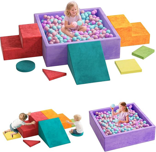 8-Piece Foam Climbing Blocks with Ball Pit for Toddlers 1-3, Soft Play Toddler Climbing Toys Indoor, Indoor Foam Blocks for Toddlers 1-3 Inside with Square Ball Pit, Steps, Triangle Ramp, Shape Mats B