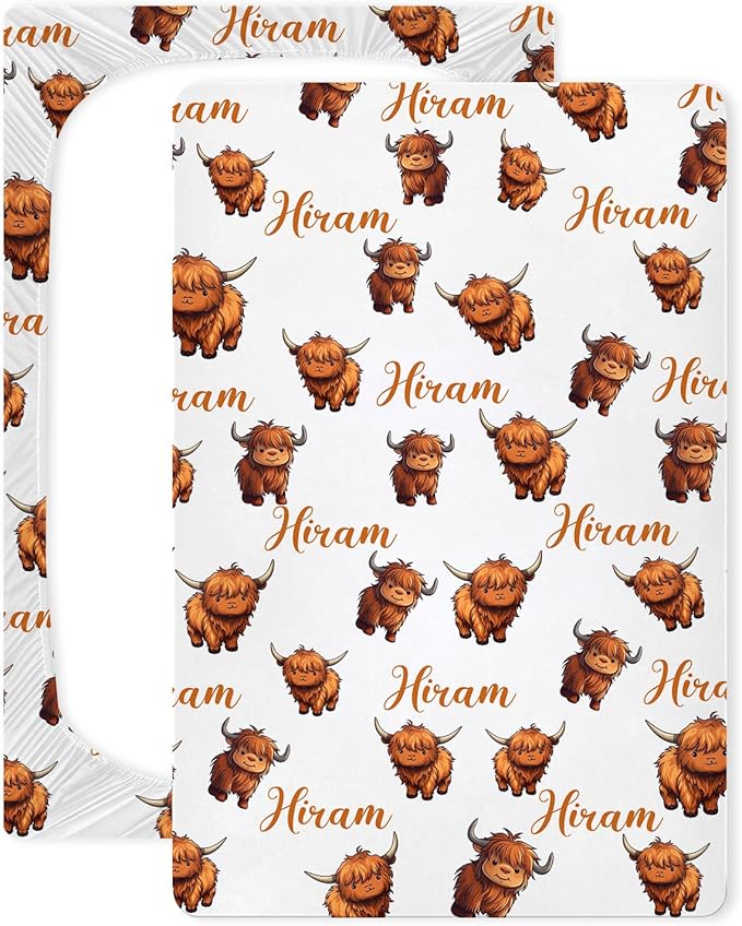 Personalized Monogram Name Mini Crib Sheet for Baby Girls Boys, Customized Highland Cow Cattle Pack and Play Sheets, Multiuse Sheet for Pack & Play, Playard, Playpen, Mini Crib Mattress